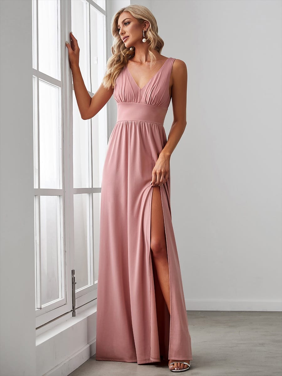V-Neck High Slit Empire Waist Floor-Length Evening Dress #color_Dusty Rose
