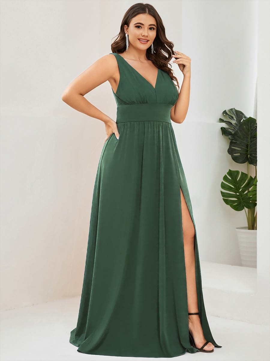 V-Neck High Slit Empire Waist Floor-Length Evening Dress #color_Eucalyptus Green