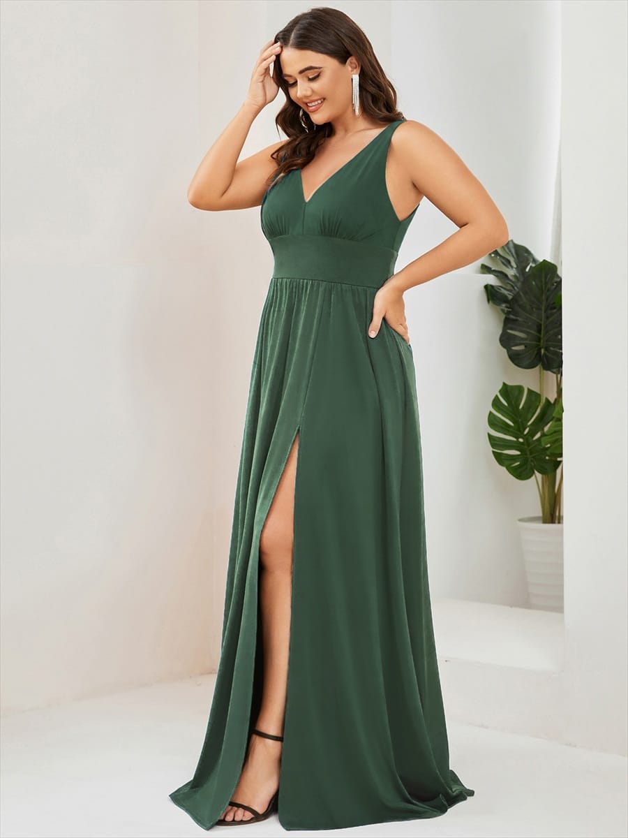V-Neck High Slit Empire Waist Floor-Length Evening Dress #color_Eucalyptus Green