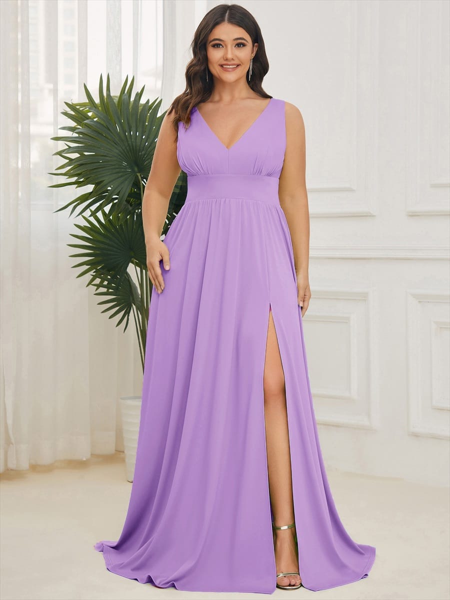 V-Neck High Slit Empire Waist Floor-Length Evening Dress #color_Lavender