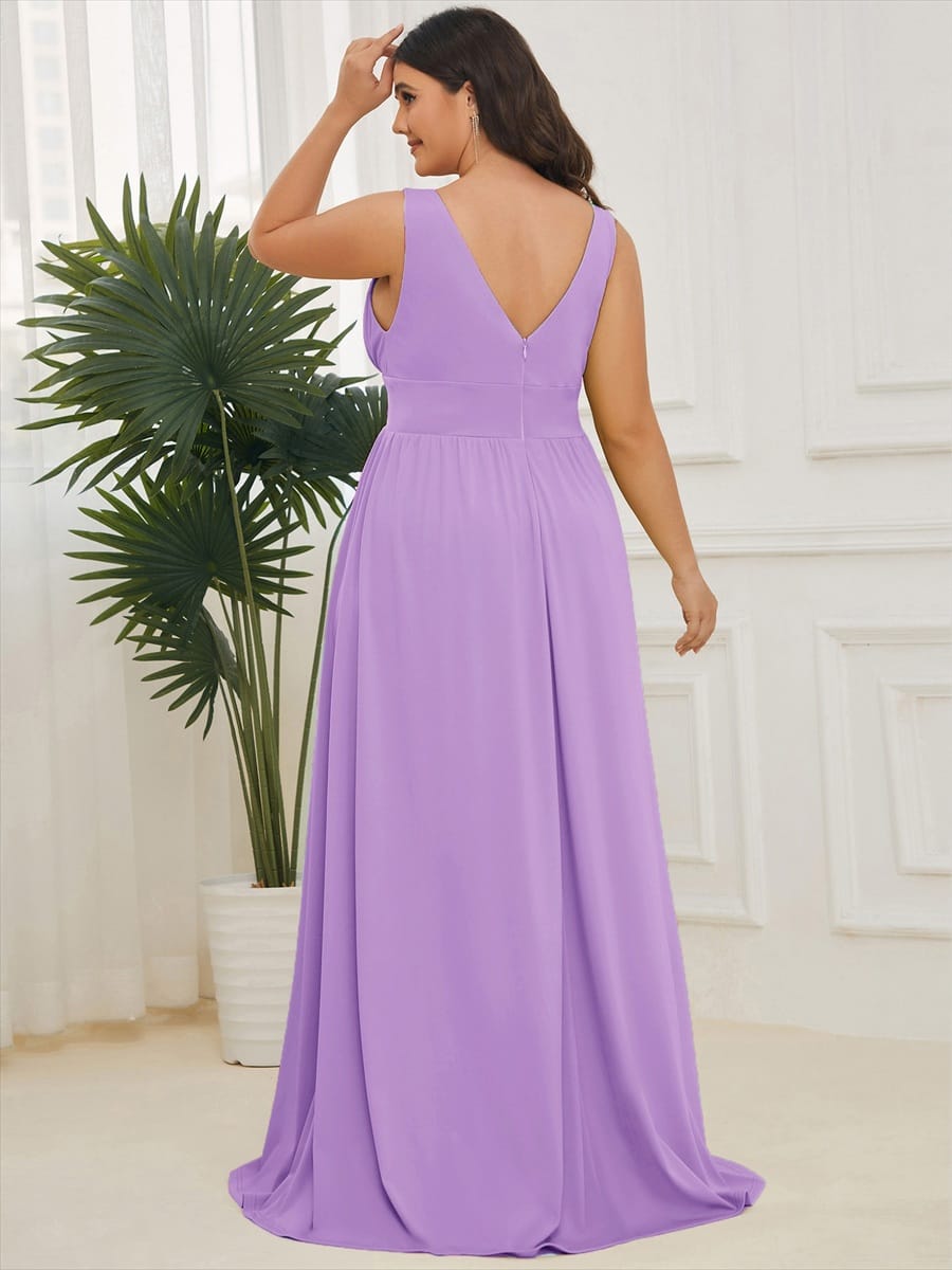 V-Neck High Slit Empire Waist Floor-Length Evening Dress #color_Lavender
