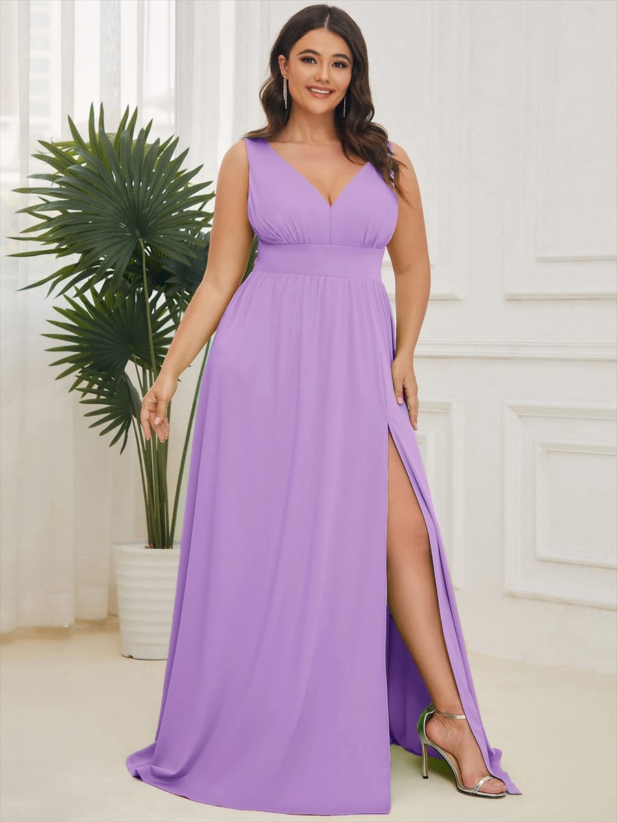 V-Neck High Slit Empire Waist Floor-Length Evening Dress #color_Lavender