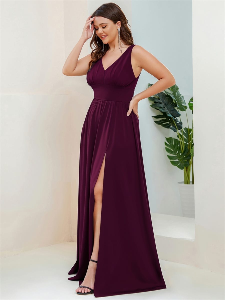 V-Neck High Slit Empire Waist Floor-Length Evening Dress #color_Mulberry