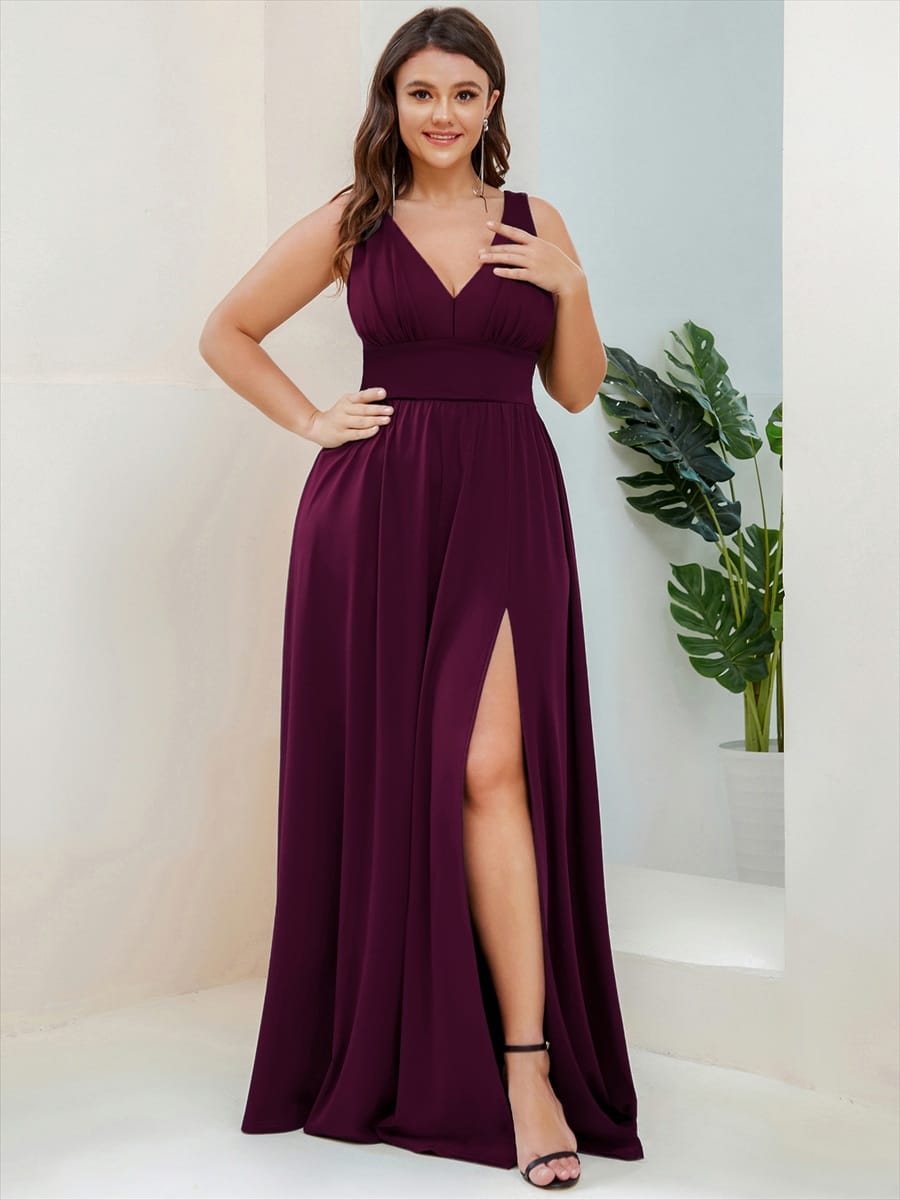 V-Neck High Slit Empire Waist Floor-Length Evening Dress #color_Mulberry
