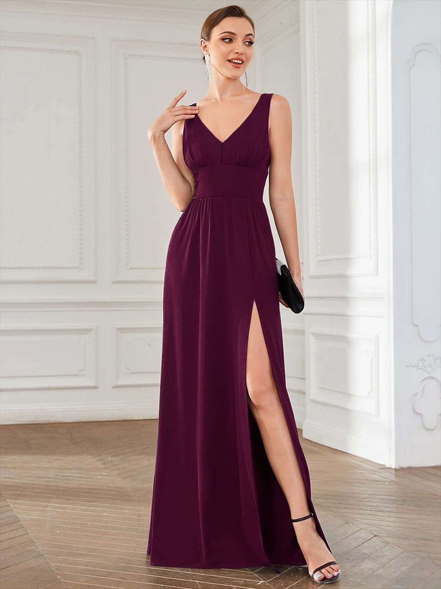 V-Neck High Slit Empire Waist Floor-Length Evening Dress #color_Mulberry