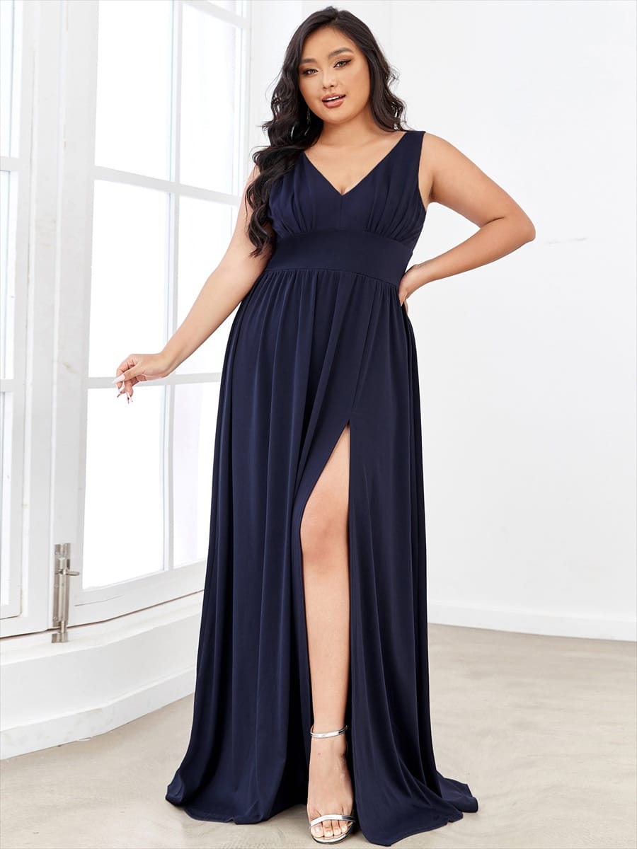 V-Neck High Slit Empire Waist Floor-Length Evening Dress #color_Navy Blue