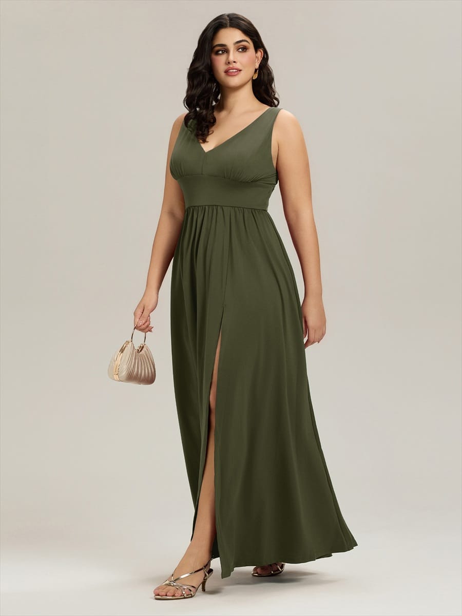 V-Neck High Slit Empire Waist Floor-Length Evening Dress #color_Olive Green