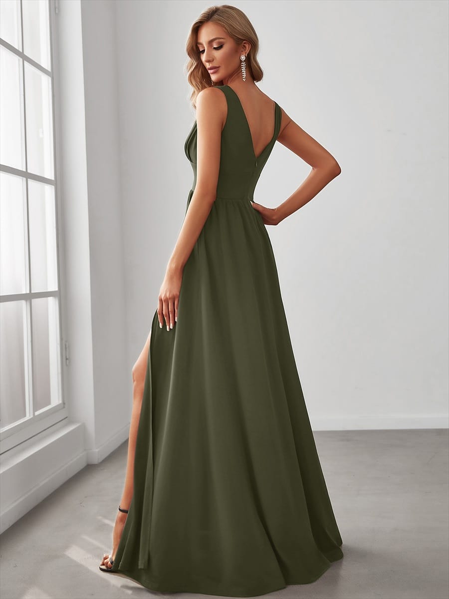 V-Neck High Slit Empire Waist Floor-Length Evening Dress #color_Olive Green