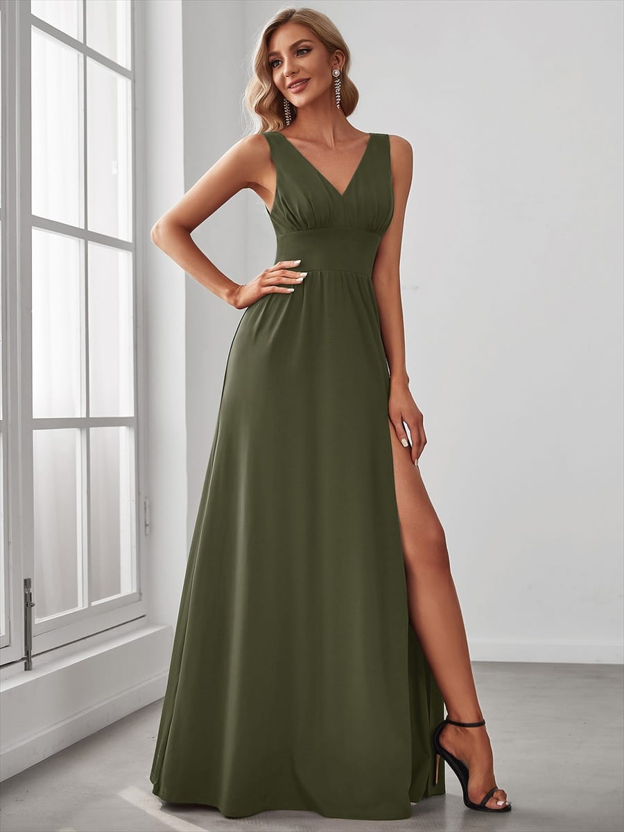 V-Neck High Slit Empire Waist Floor-Length Evening Dress #color_Olive Green