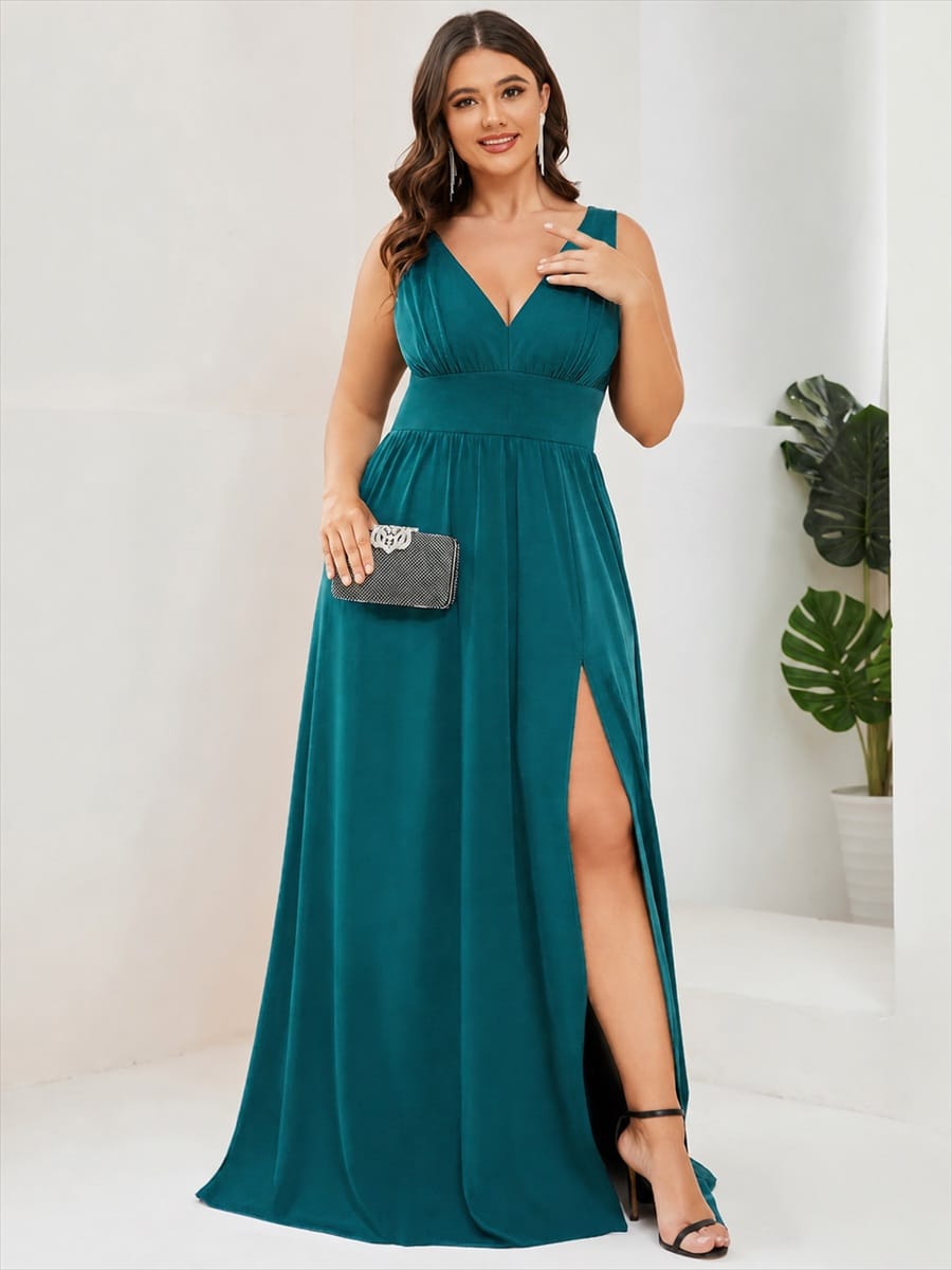 V-Neck High Slit Empire Waist Floor-Length Evening Dress #color_Teal