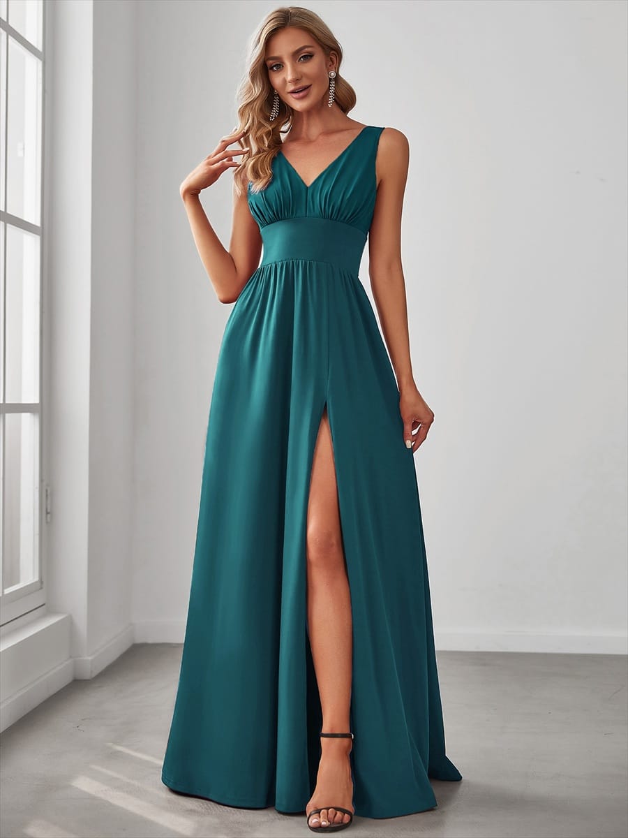 V-Neck High Slit Empire Waist Floor-Length Evening Dress #color_Teal