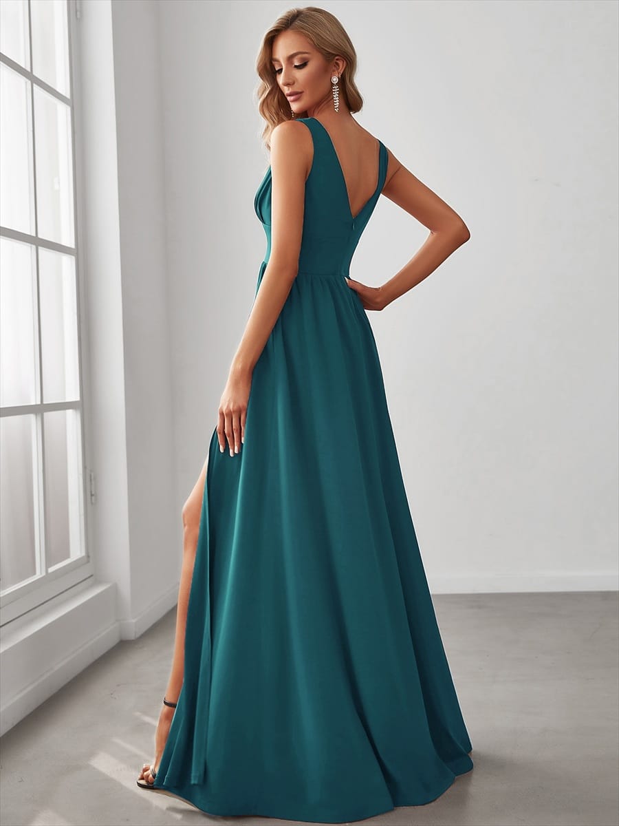 V-Neck High Slit Empire Waist Floor-Length Evening Dress #color_Teal