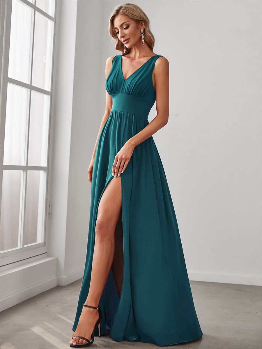 V-Neck High Slit Empire Waist Floor-Length Evening Dress #color_Teal