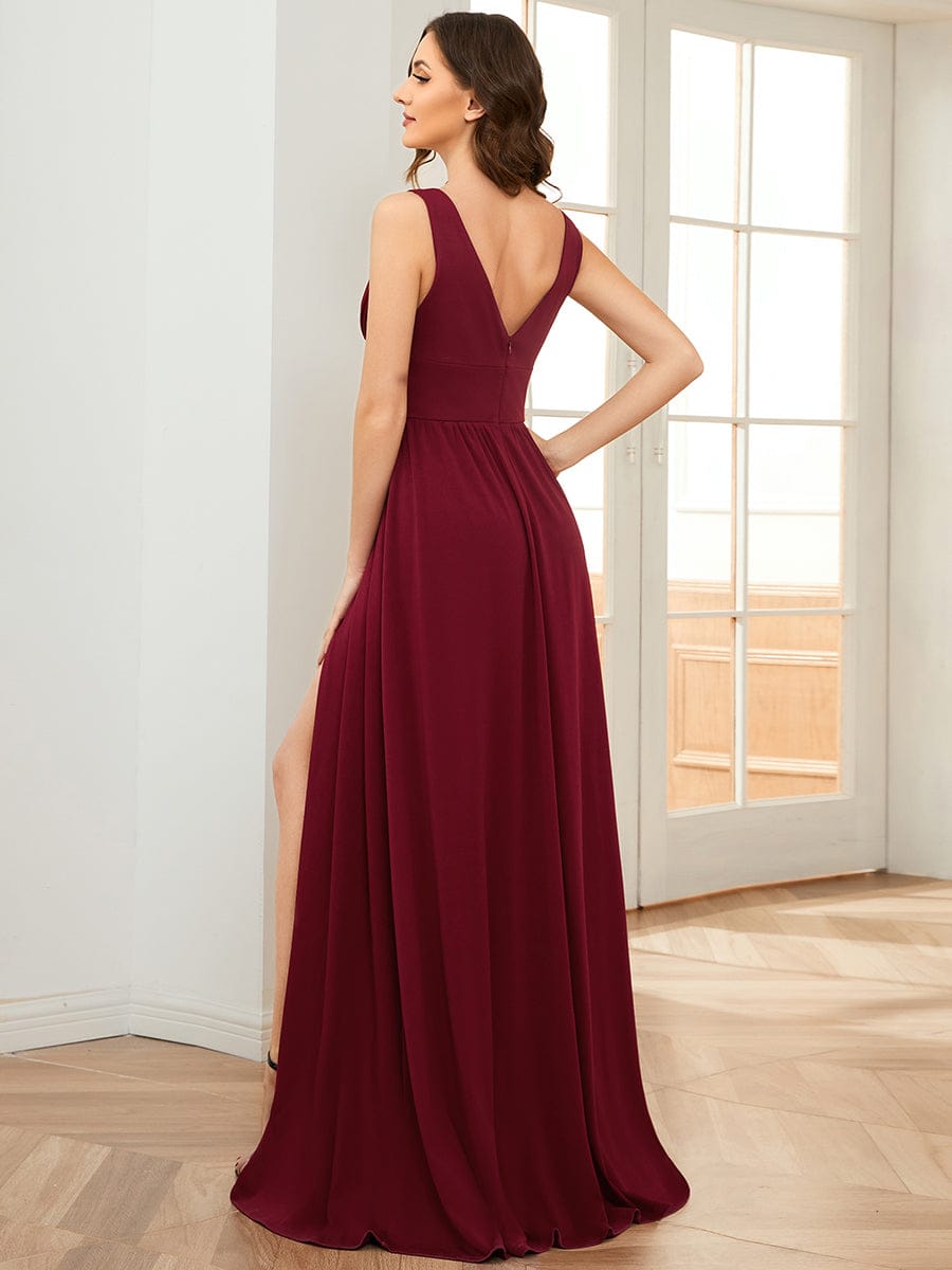 V-Neck High Slit Empire Waist Floor-Length Evening Dress #color_Burgundy