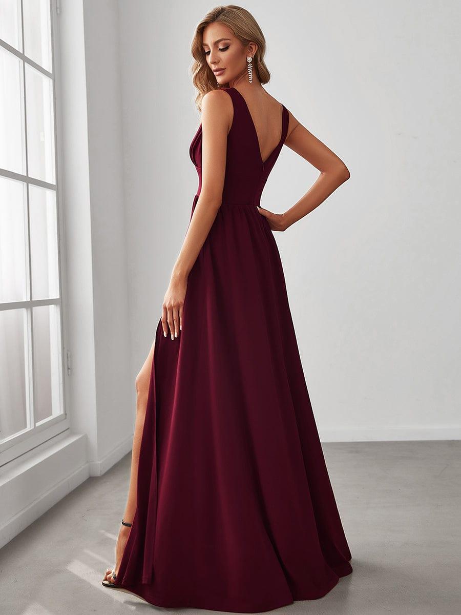 V-Neck High Slit Empire Waist Floor-Length Evening Dress #color_Burgundy