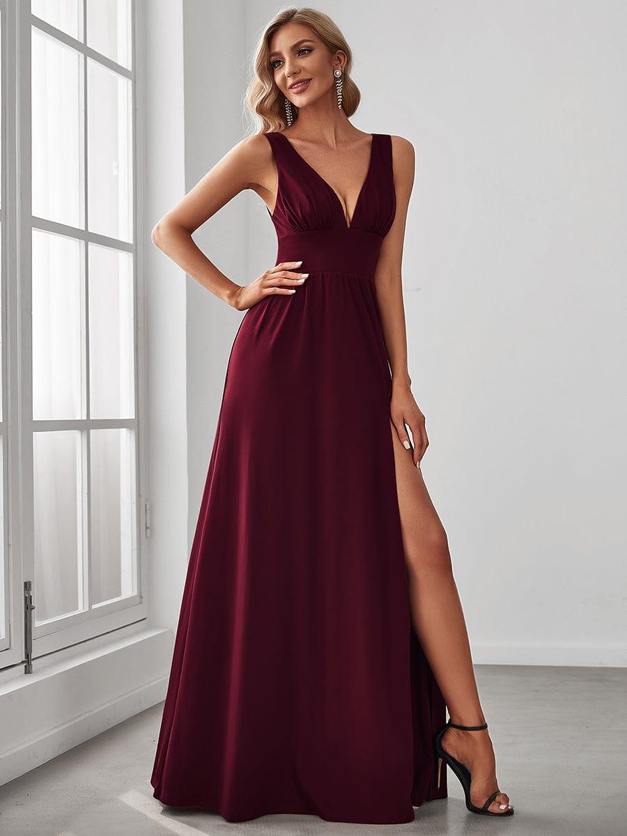 V-Neck High Slit Empire Waist Floor-Length Evening Dress #color_Burgundy