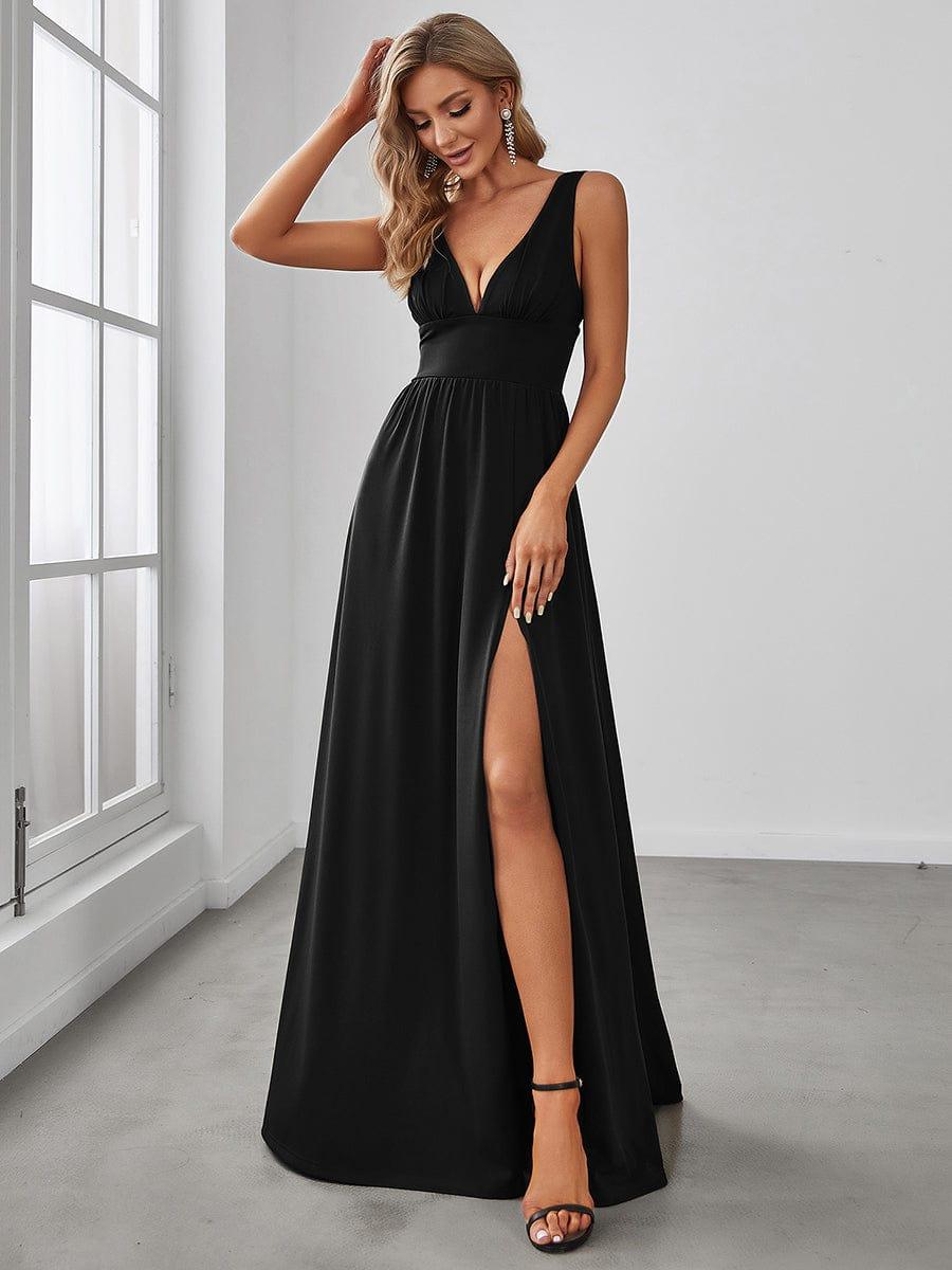 V-Neck High Slit Empire Waist Floor-Length Evening Dress #color_Black