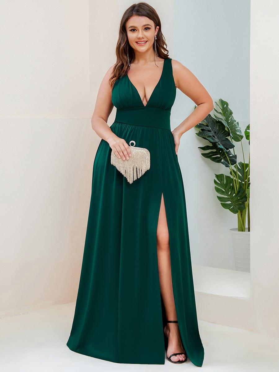 V-Neck High Slit Empire Waist Floor-Length Evening Dress #color_Dark Green