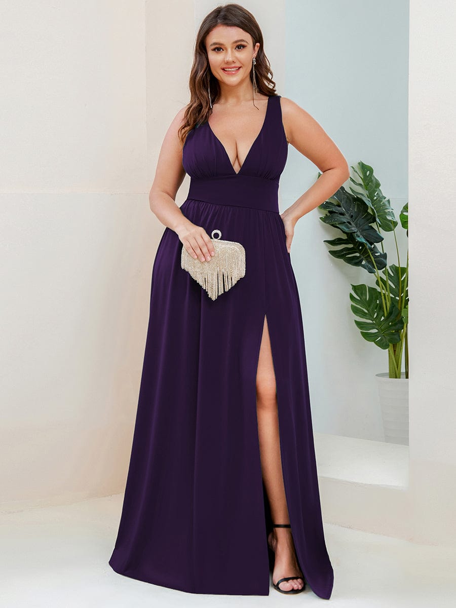V-Neck High Slit Empire Waist Floor-Length Evening Dress #color_Dark Purple