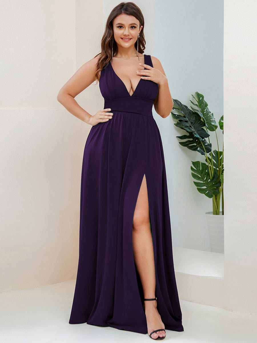 V-Neck High Slit Empire Waist Floor-Length Evening Dress #color_Dark Purple