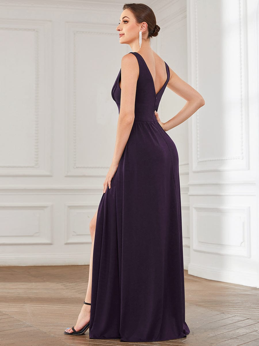 V-Neck High Slit Empire Waist Floor-Length Evening Dress #color_Dark Purple