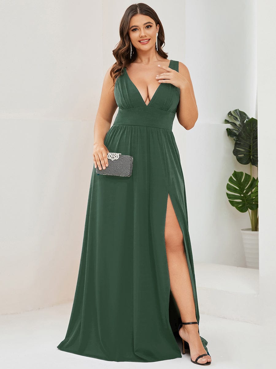 Plus Size Chiffon Lace Print Sleeveless Empire Waist V-Neck Evening Dress #color_Eucalyptus Green