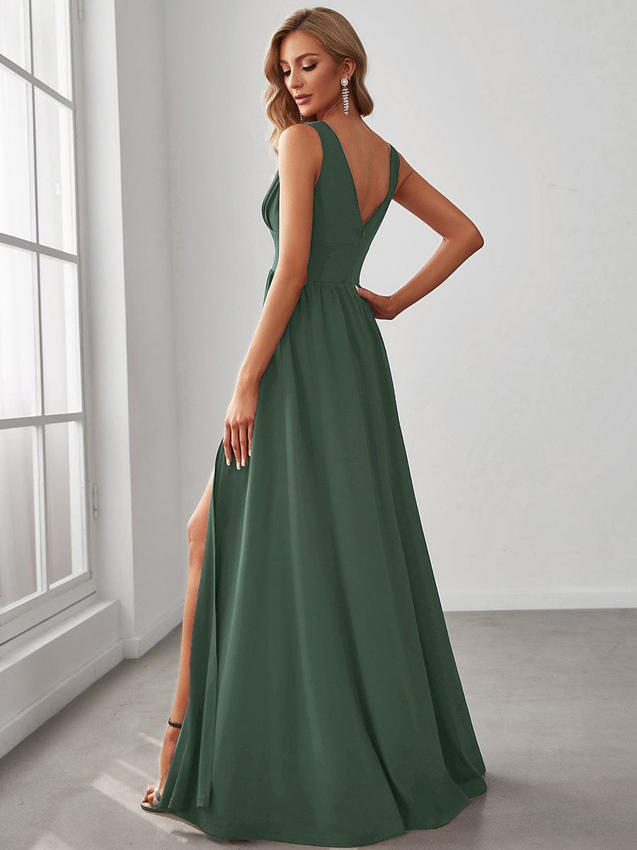 V-Neck High Slit Empire Waist Floor-Length Evening Dress #color_Eucalyptus Green