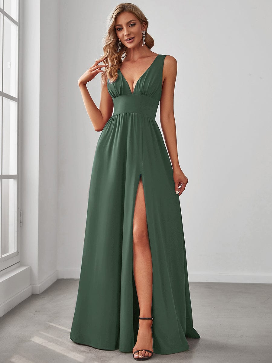Stunning V-Neck Empire Waist Floor-Length Evening Dress with High Slit #color_Eucalyptus Green