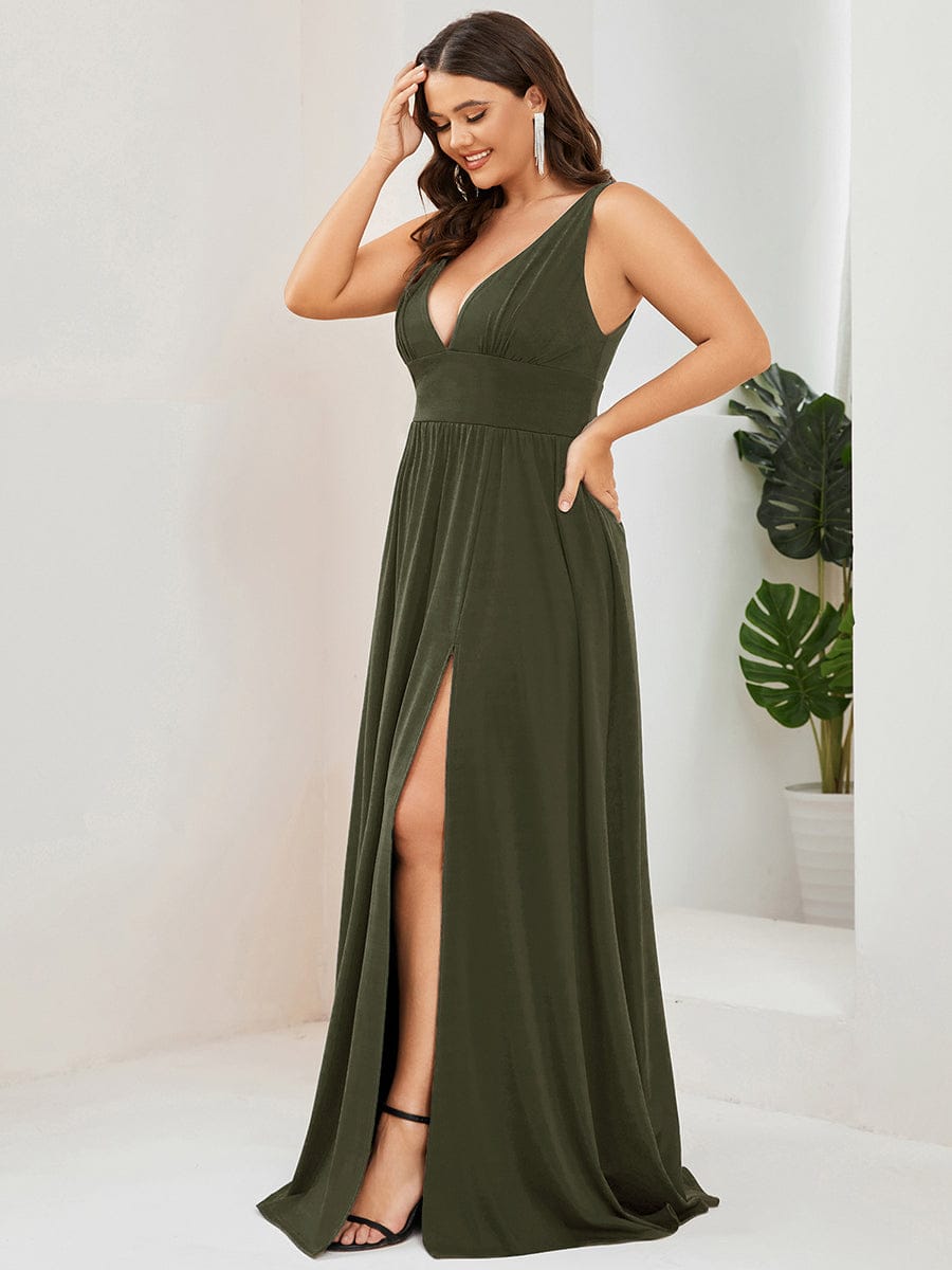 V-Neck High Slit Empire Waist Floor-Length Evening Dress #color_Olive Green