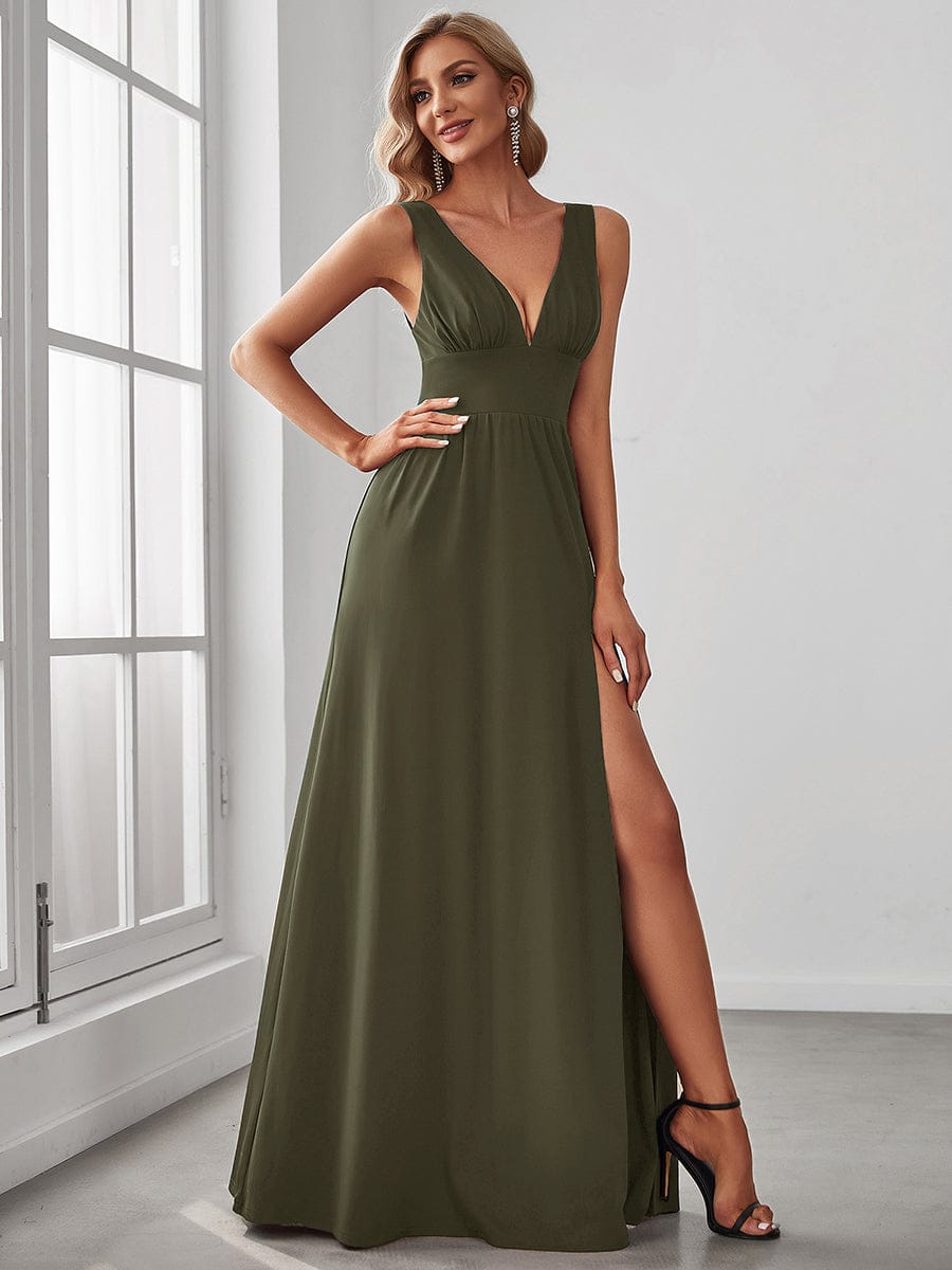Stunning V-Neck Empire Waist Floor-Length Evening Dress with High Slit #color_Olive Green