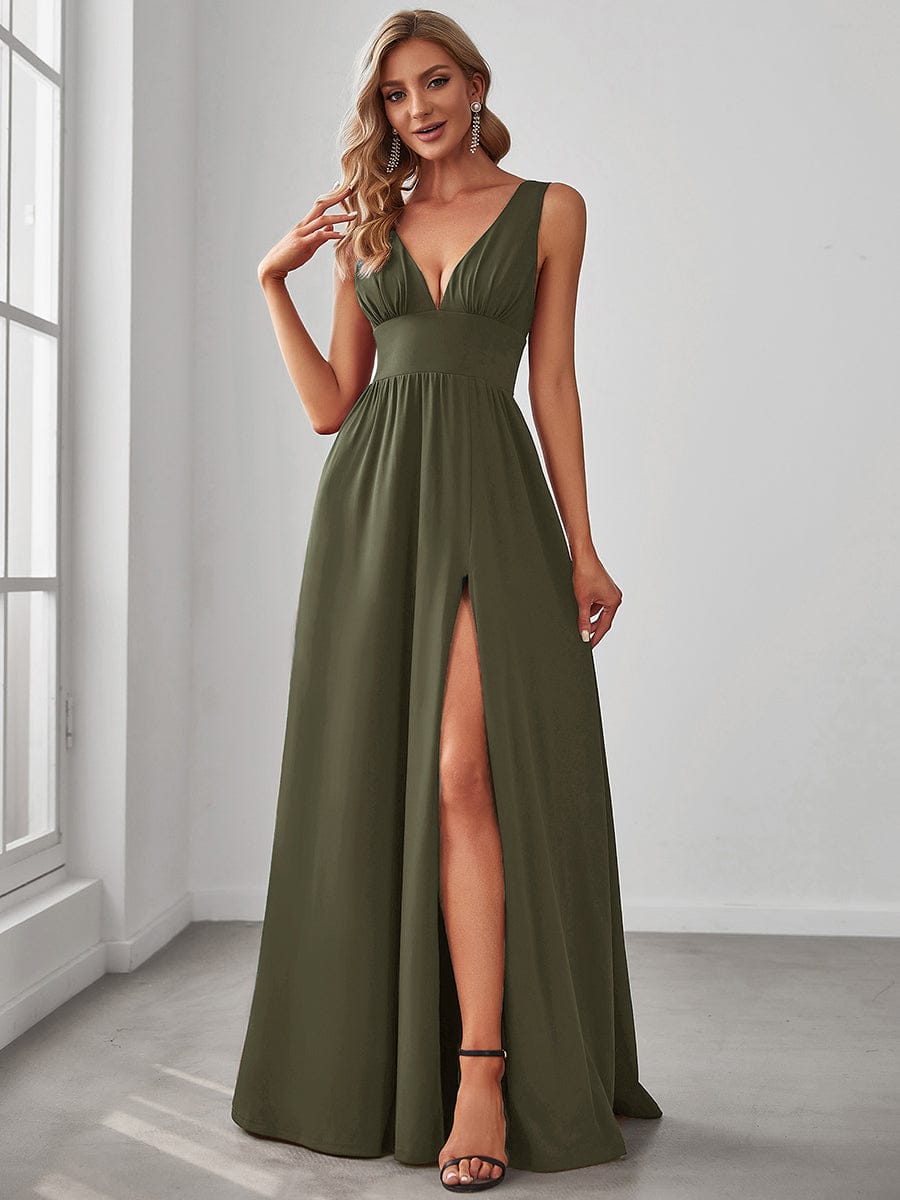 Stunning V-Neck Empire Waist Floor-Length Evening Dress with High Slit #color_Olive Green