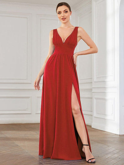 V-Neck High Slit Empire Waist Floor-Length Evening Dress #color_Red
