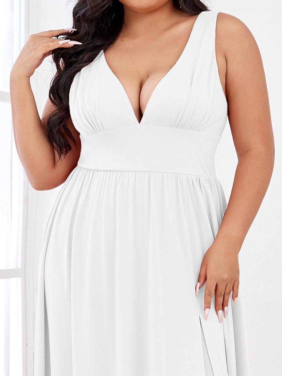 V-Neck High Slit Empire Waist Floor-Length Evening Dress #color_White