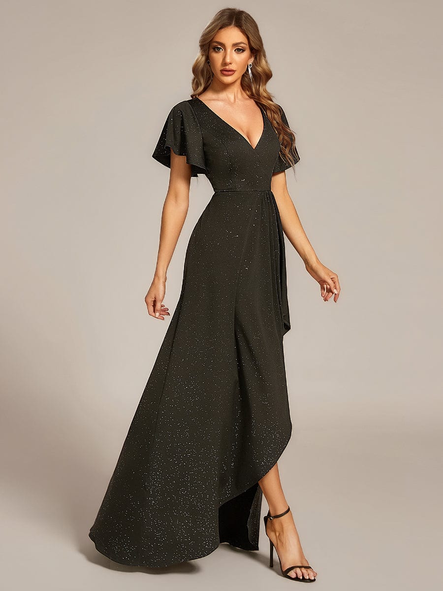 Ruffle Sleeves V Neck High Low Evening Dress #color_Army Green