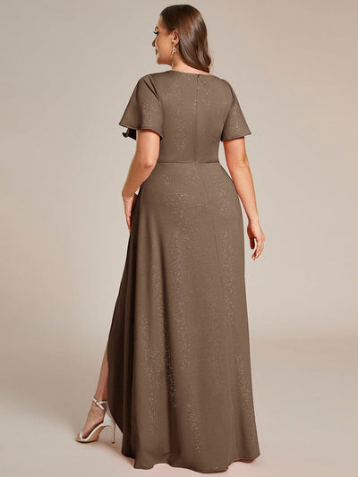 Ruffle Sleeves V Neck High Low Evening Dress #color_Coffee