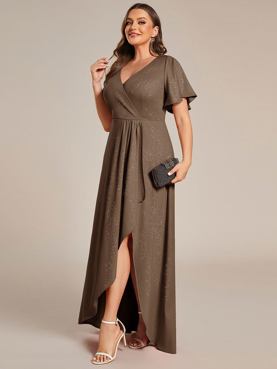 Ruffle Sleeves V Neck High Low Evening Dress #color_Coffee