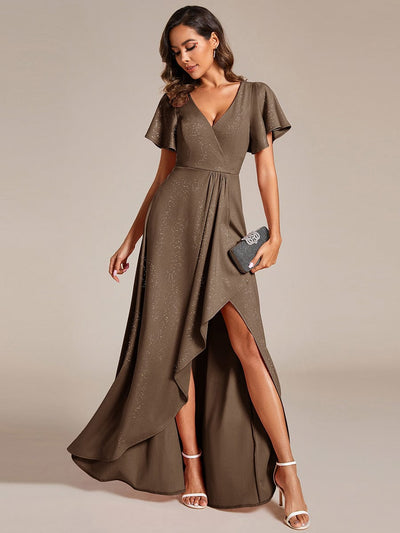 Ruffle Sleeves V Neck High Low Evening Dress #color_Coffee