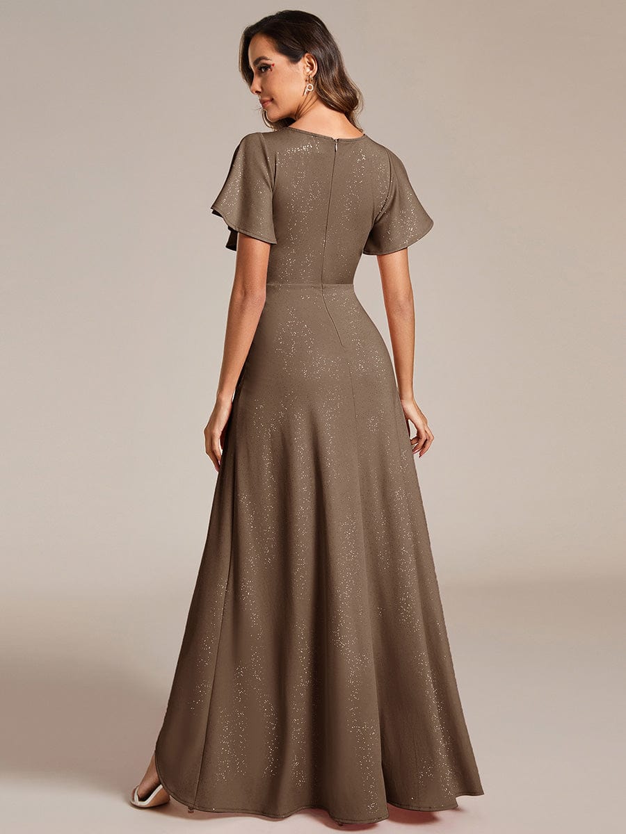 Ruffle Sleeves V Neck High Low Evening Dress #color_Coffee