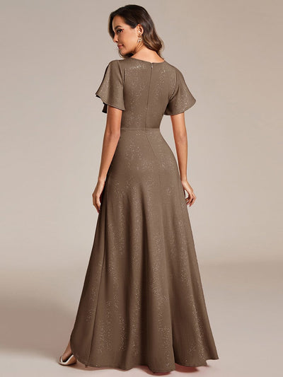 Ruffle Sleeves V Neck High Low Evening Dress #color_Coffee