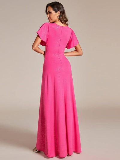 Ruffle Sleeves V Neck High Low Wedding Guest Dress #color_Hot Pink