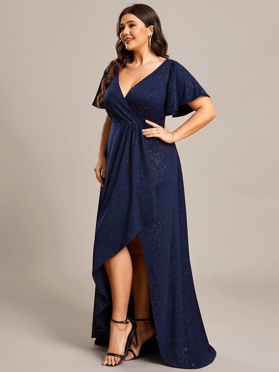Ruffle Sleeves V Neck High Low Wedding Guest Dress #color_Navy Blue