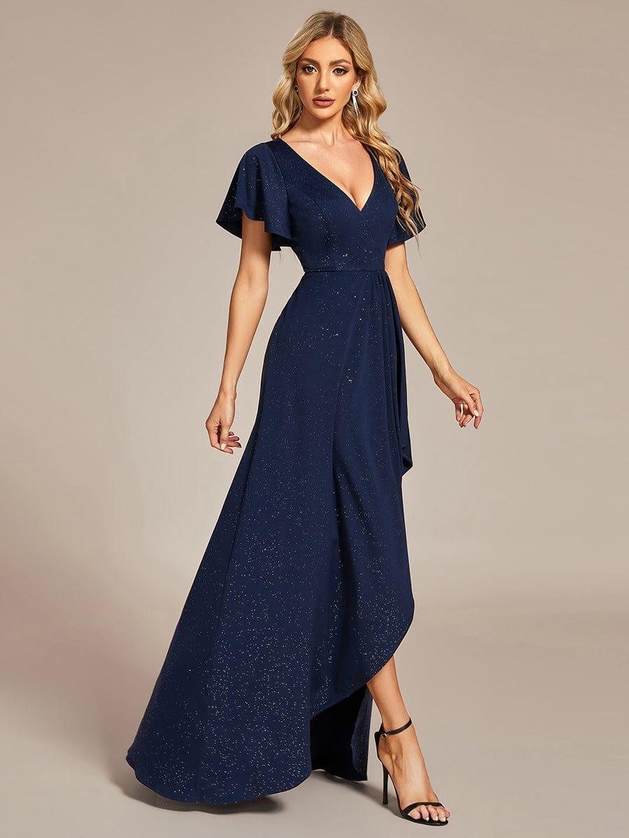 Ruffle Sleeves V Neck High Low Wedding Guest Dress #color_Navy Blue
