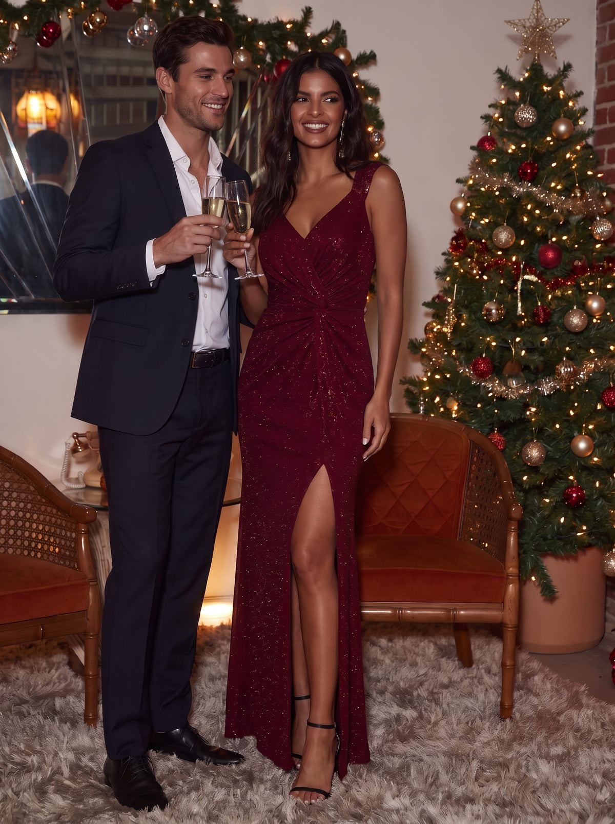 Elegant Sequin V Neck High Slit Wedding Guest Dresses #color_Burgundy