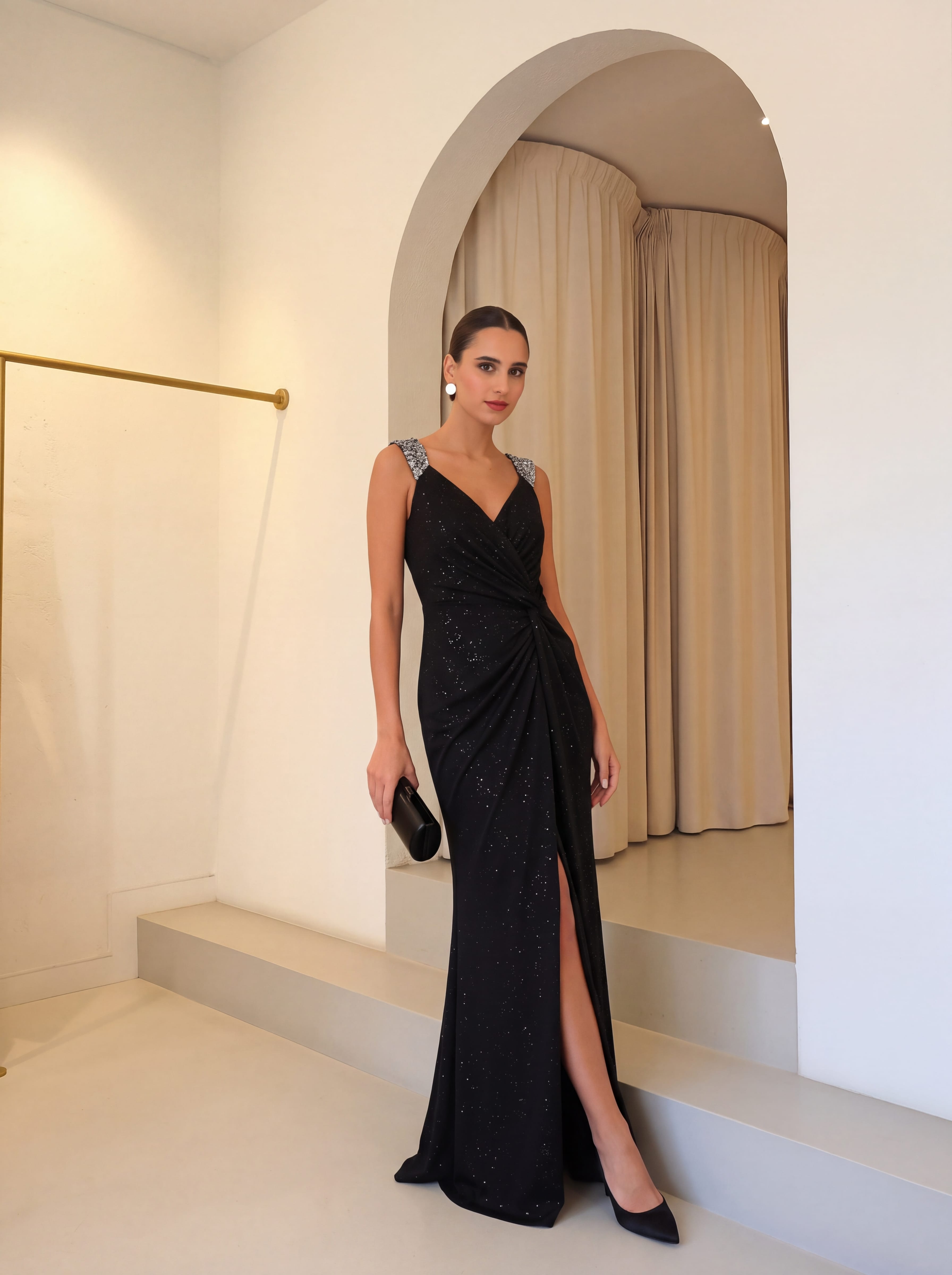 Elegant Sequin V Neck High Slit Evening Dress #color_Black