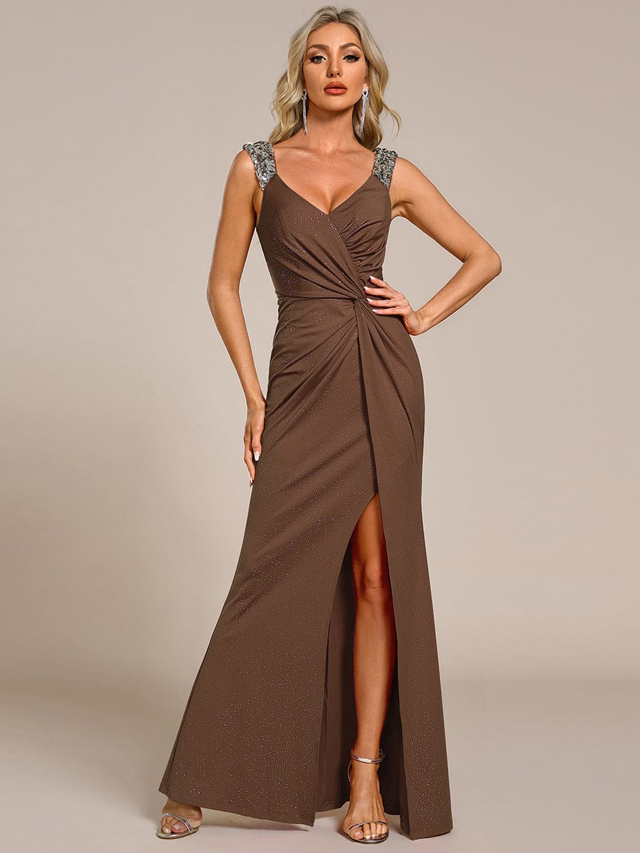 Elegant Sequin V Neck High Slit Evening Dress #color_Coffee