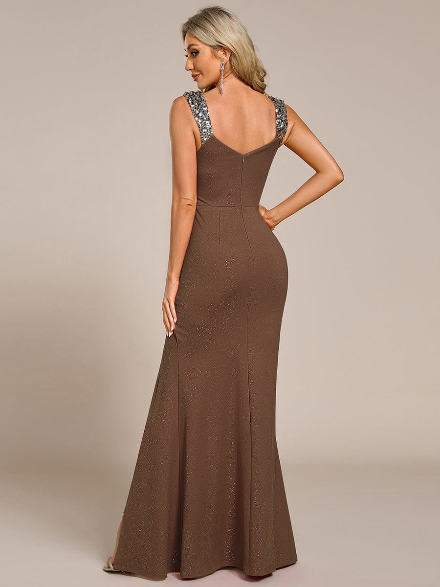 Elegant Sequin V Neck High Slit Evening Dress #color_Coffee