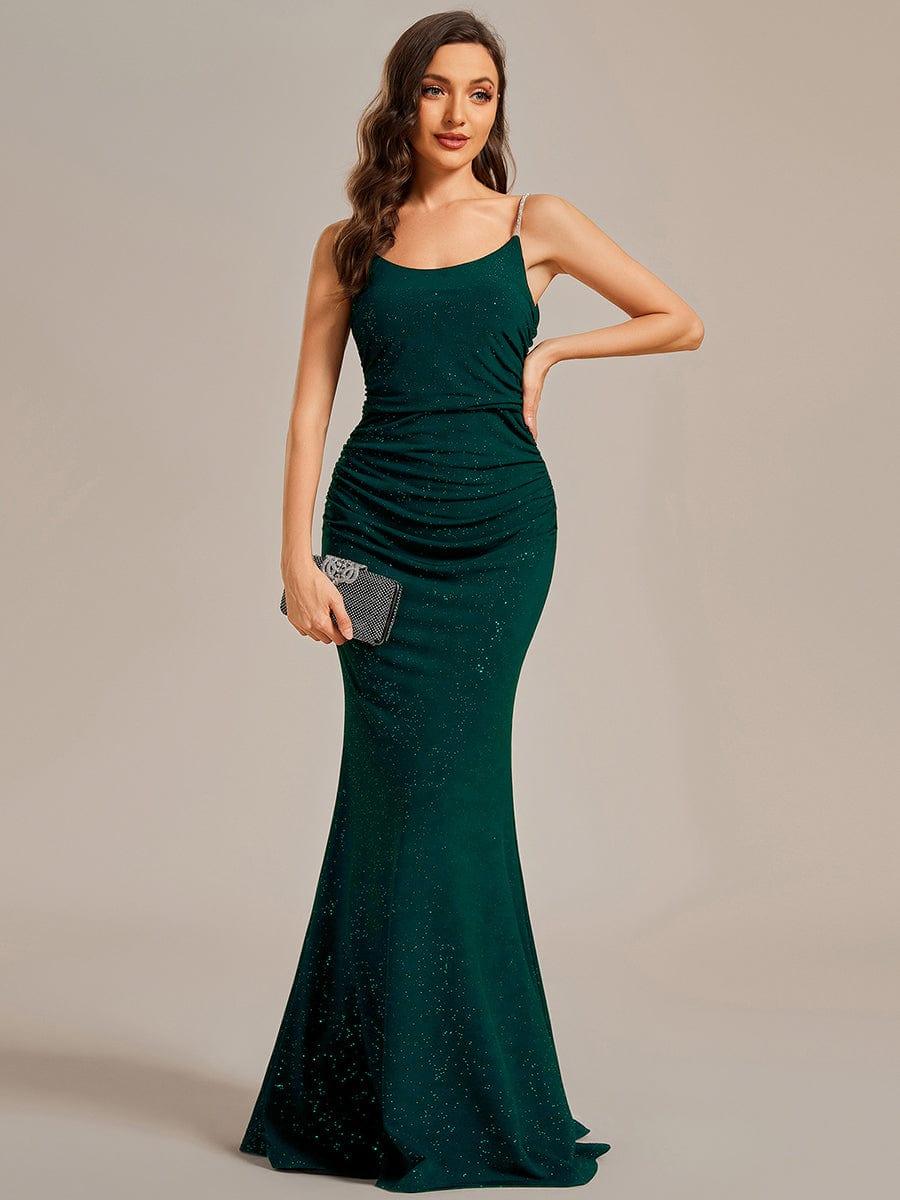Sparkling Glitter Spaghetti Strap Open Back Bodycon Evening Dress #color_Dark Green