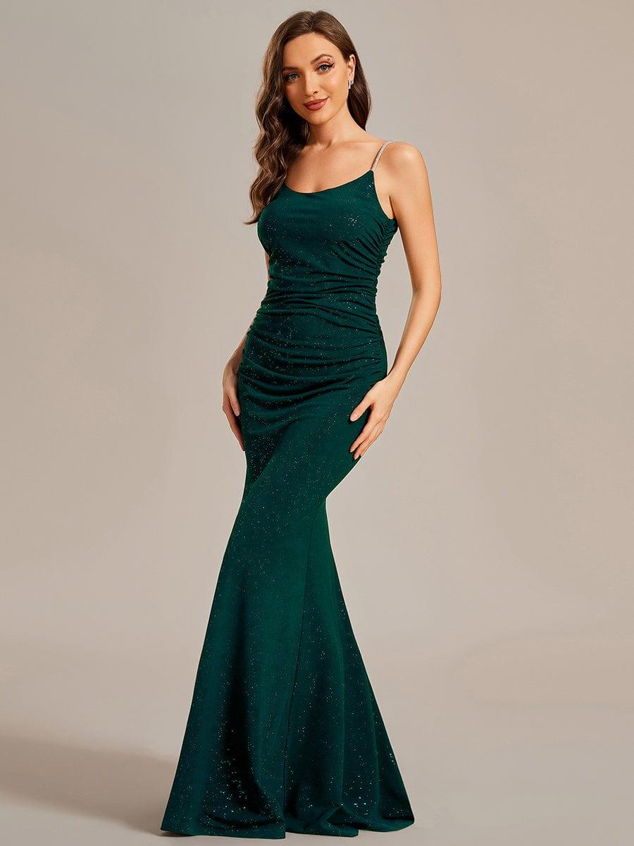 Sparkling Glitter Spaghetti Strap Open Back Bodycon Evening Dress #color_Dark Green