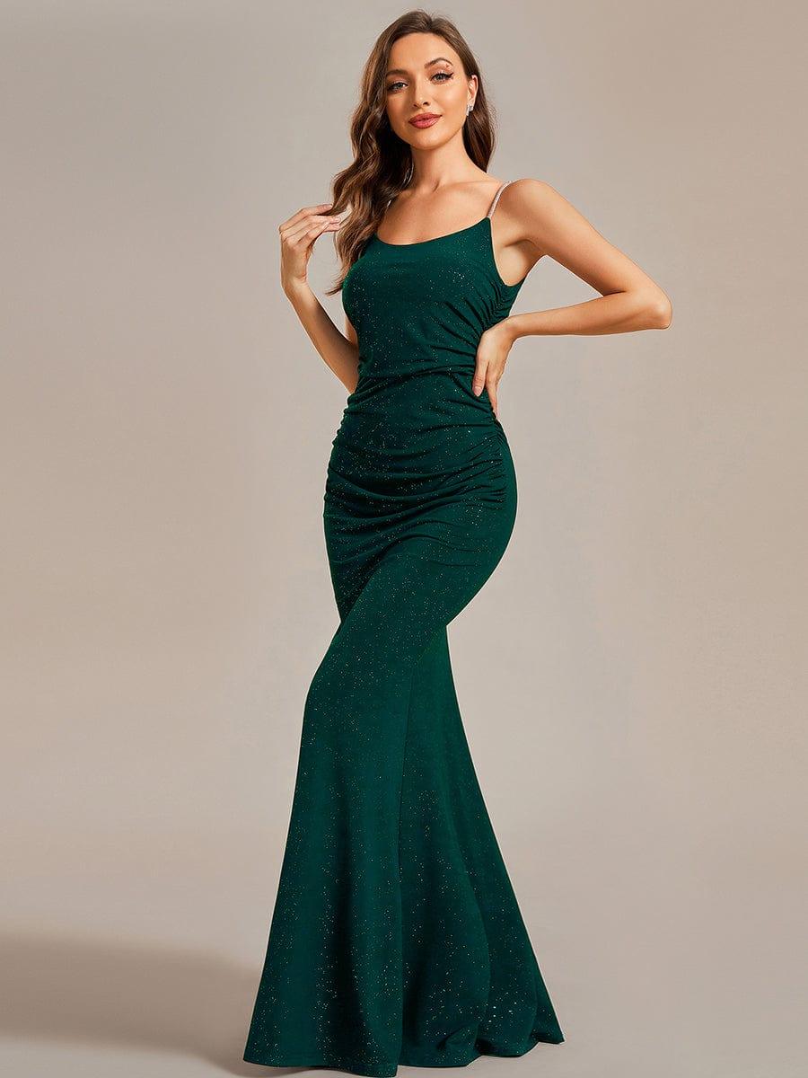 Sparkling Glitter Spaghetti Strap Open Back Bodycon Evening Dress #color_Dark Green