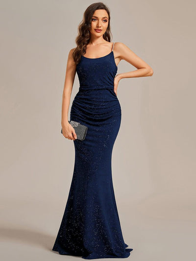 Sparkling Glitter Spaghetti Strap Open Back Bodycon Evening Dress #color_Navy Blue